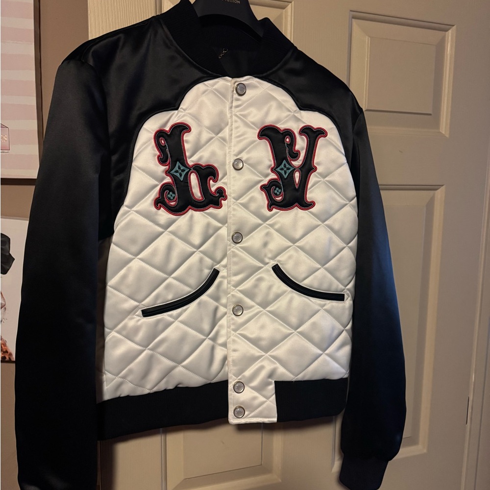 Louis Vuitton Black and White Quilted Satin Varsity Jacket with LV Crest Patches